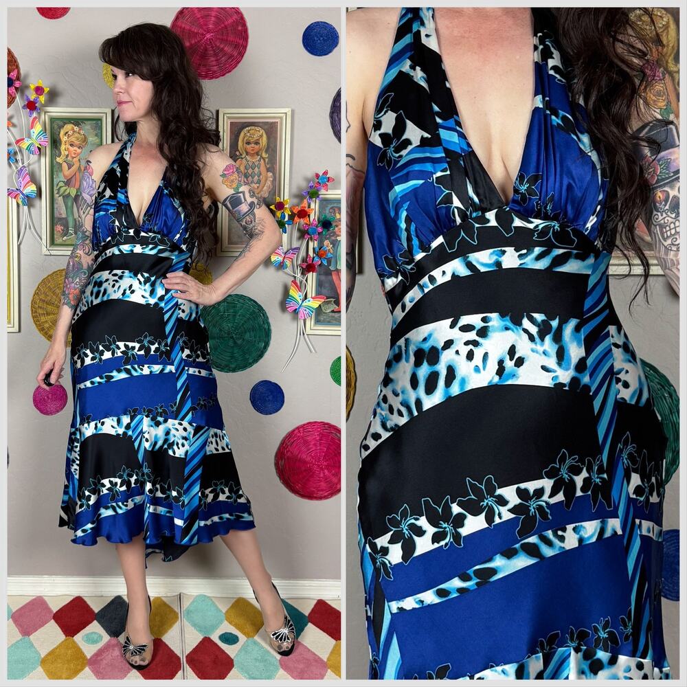 Vintage 1990s Blue and Black Abstract Animal Print Silk Backless Halter Dress